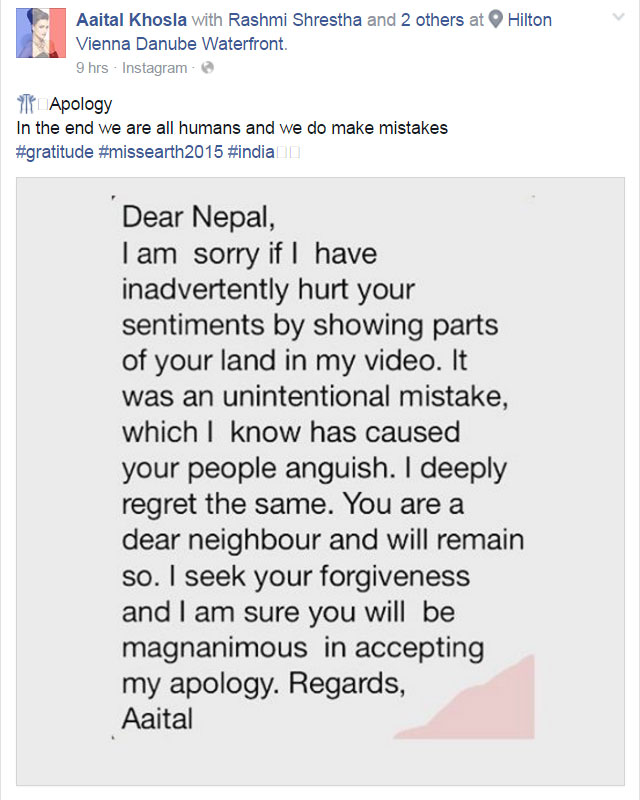 Miss Earth India Aaital Khosla Says I am Sorry To Nepal