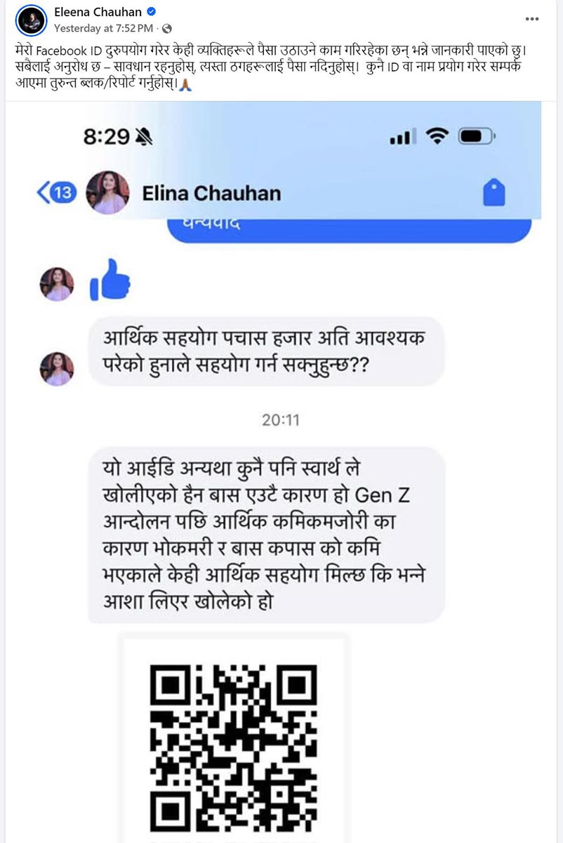 Screenshot of fake messages shared by Eleena Chauhan on Facebook