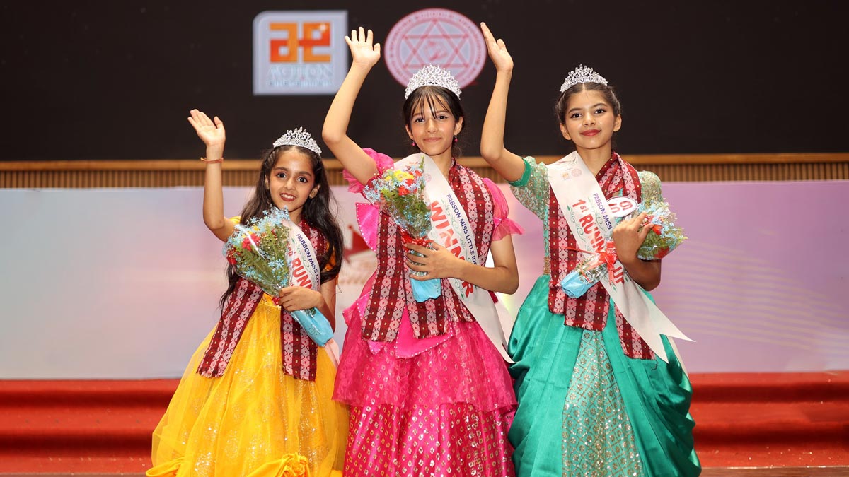Winners and runner-ups of PABSON Little Miss Idol 2025 in Kathmandu with crowns and awards.