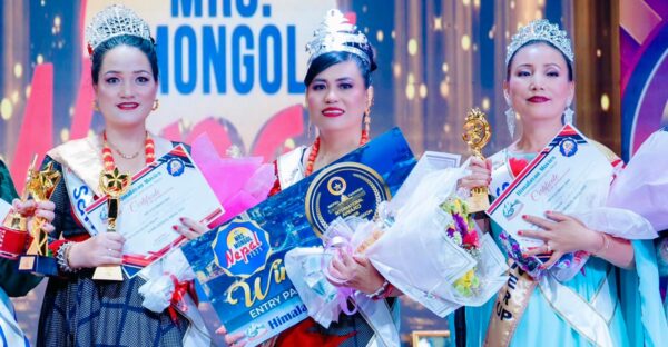 Tina Ale Kawar Magar with runner-ups Sangeeta Rana Magar and Shanti Gurung at Mrs. Mongol Nepal 2025.