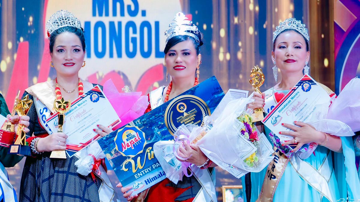 Tina Ale Kawar Magar with runner-ups Sangeeta Rana Magar and Shanti Gurung at Mrs. Mongol Nepal 2025.
