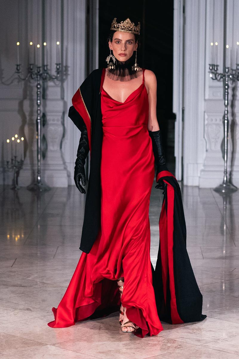 A regal gown blending Victorian opulence with Newar artistry from Sanyukta Shrestha’s SS26 collection.