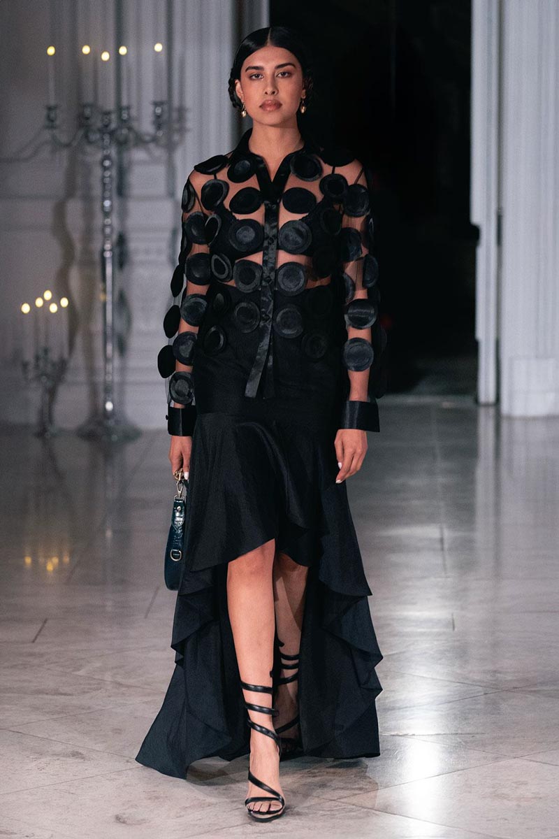 Model wearing Sanyukta Shrestha The Newars 1901 SS26 show London Fashion Week