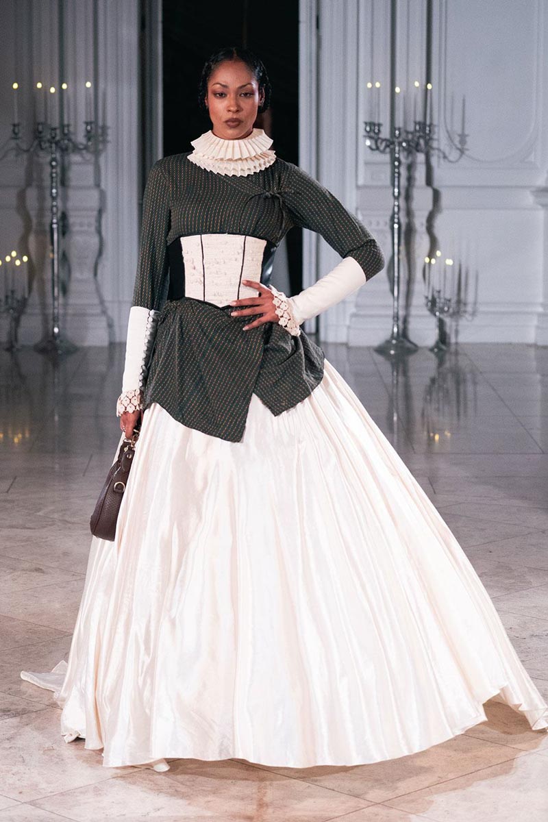 Model wearing couture from Sanyukta Shrestha The Newars 1901 SS26 collection.