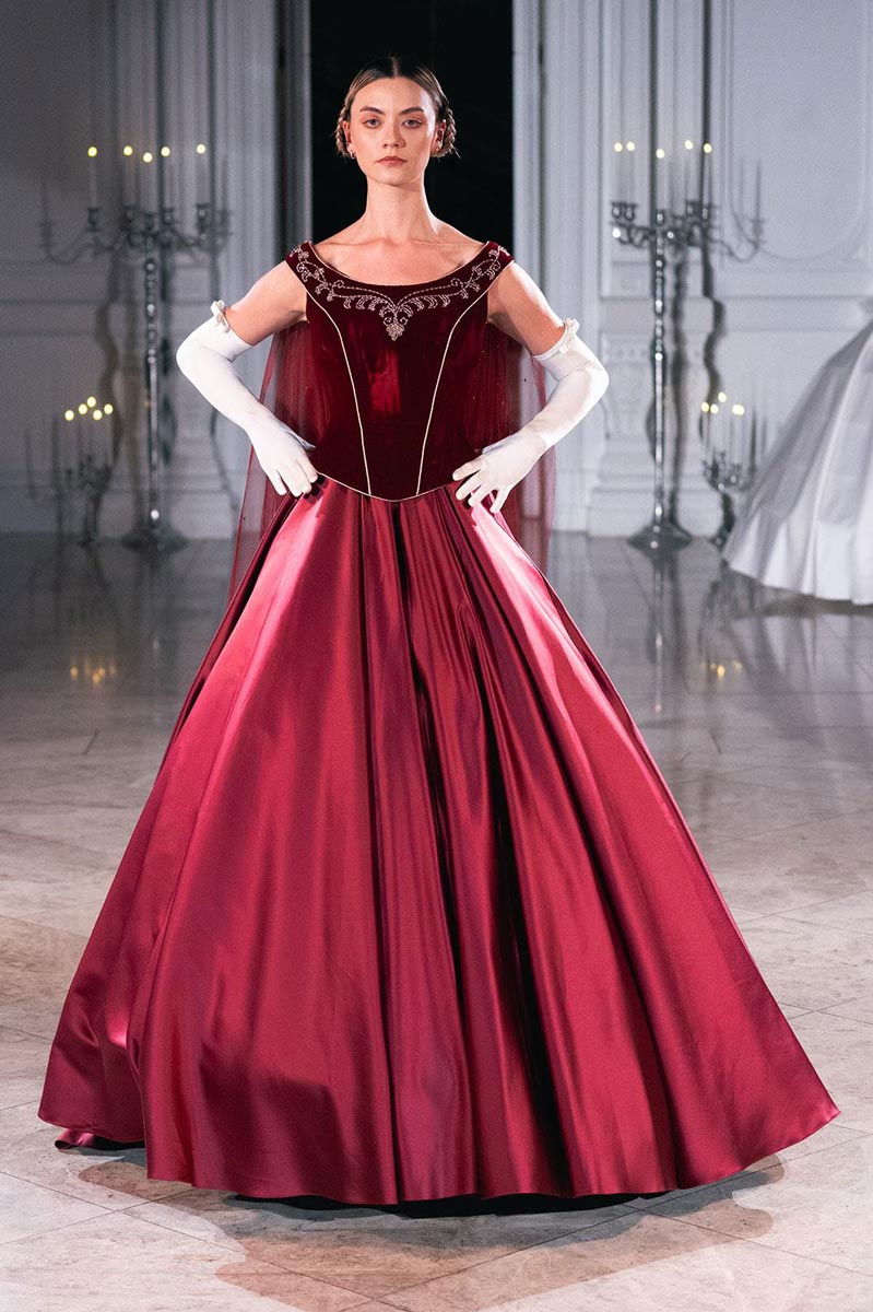 A regal gown blending Victorian opulence with Newar artistry from Sanyukta Shrestha’s SS26 collection.