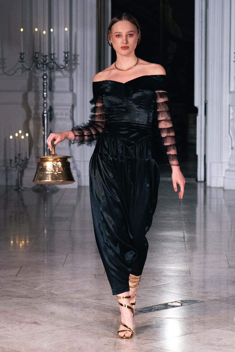 Model graces the runway in an eco-luxury ensemble by Sanyukta Shrestha at LFW.