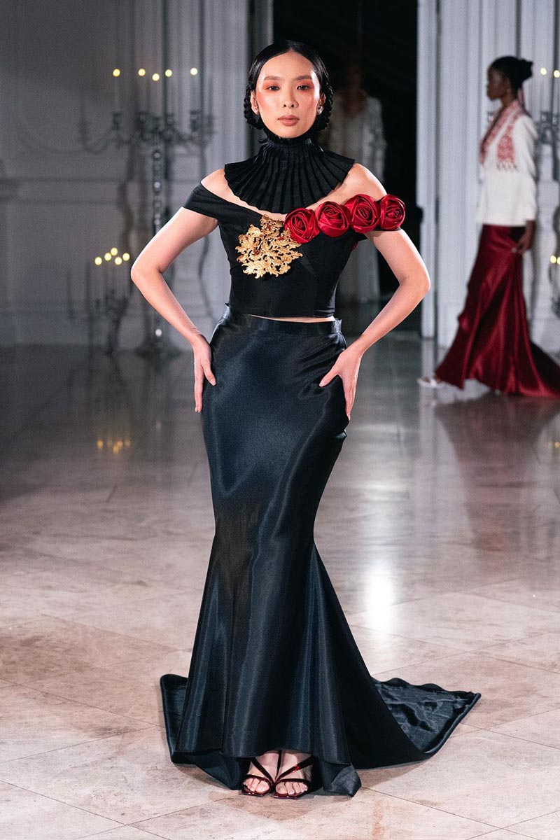 Model wearing sustainable couture from Sanyukta Shrestha The Newars 1901 collection at London Fashion Week.