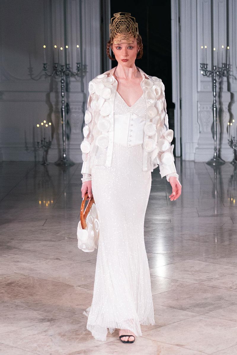 Handcrafted Newari inspired gown London Fashion Week SS26.