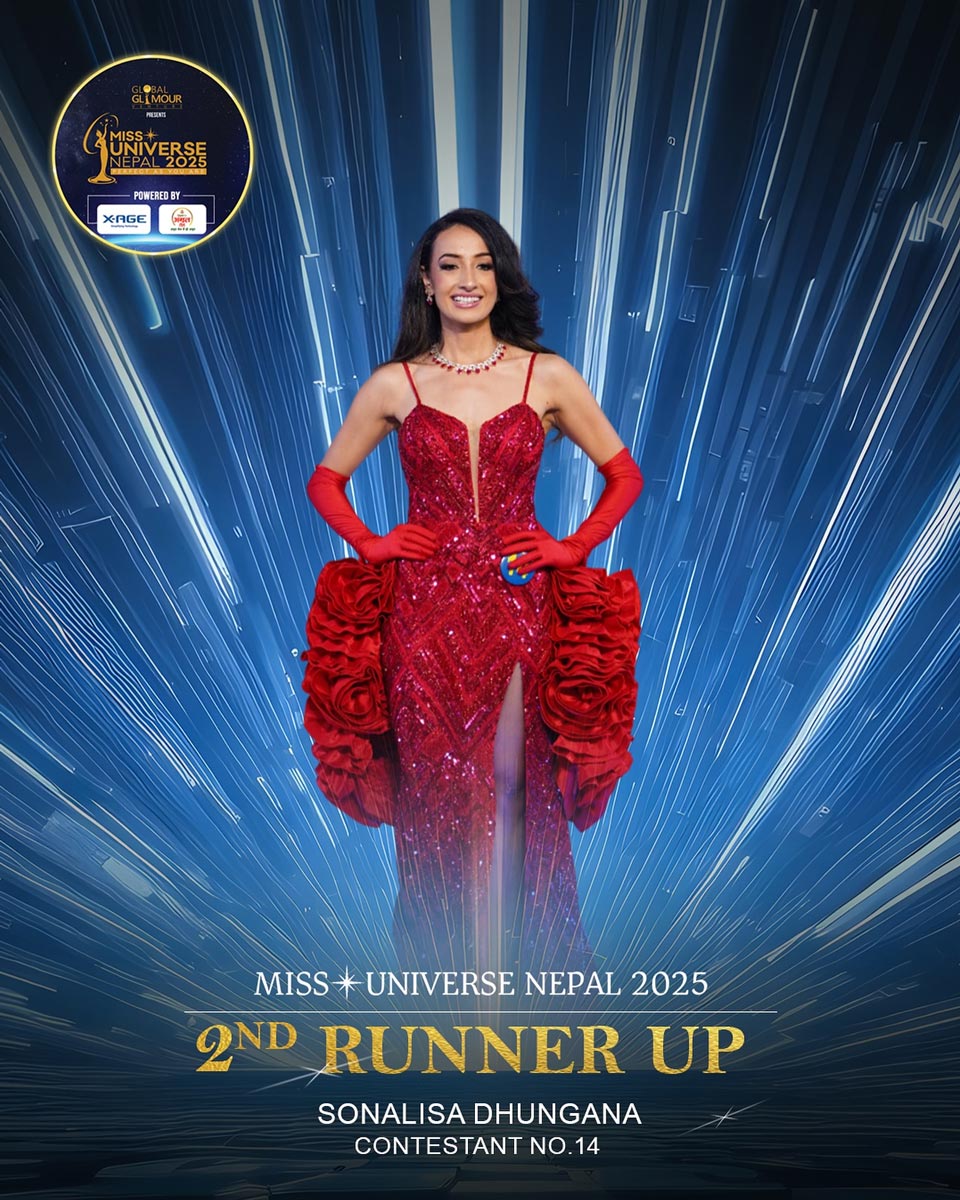 Sonalisa Dhungana 2nd Runner-up, awarded Miss Elegance and Face of True Derma at Miss Universe Nepal 2025