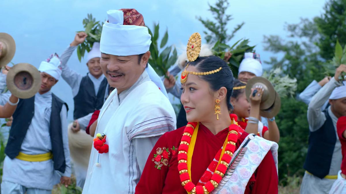 Dayahang Rai, Diya Pun, Dhiraj Magar, and Miruna Magar groove to the festive beats of “Sakela Nachau” from Wilson Bikram Rai’s film Maijaro
