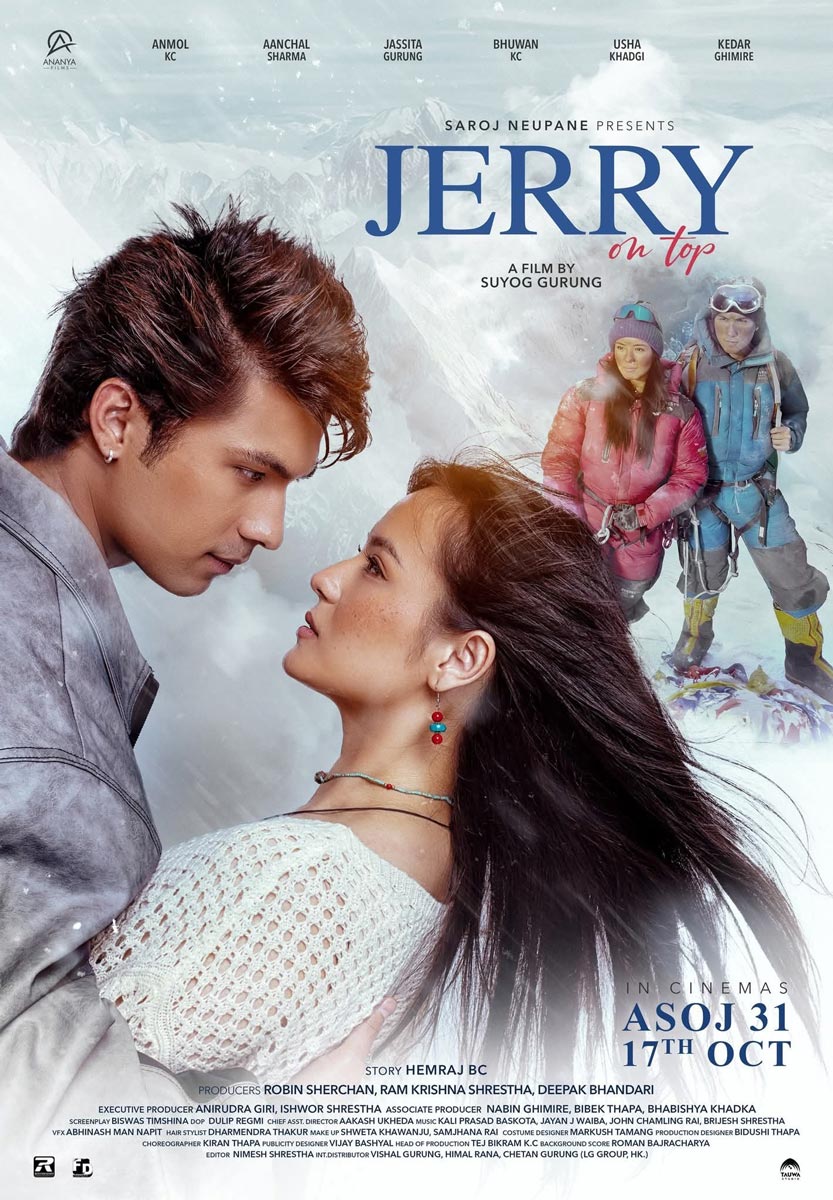 Nepali movie jerry on top poster featuring Anmol kc and Jassita Gurung