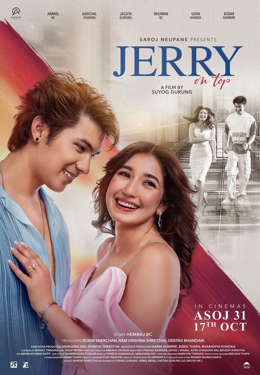 Nepali movie jerry on top poster featuring Anmol kc and Achal Sharma