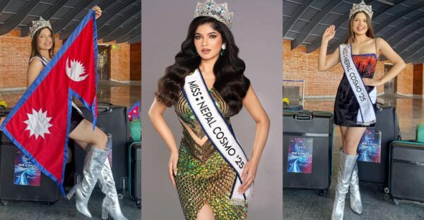 Miss Cosmo Nepal 2025 Deepshikha poses in her official crown and sash ahead of the international competition in Vietnam.