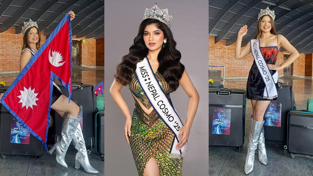 Miss Cosmo Nepal 2025 Deepshikha poses in her official crown and sash ahead of the international competition in Vietnam.