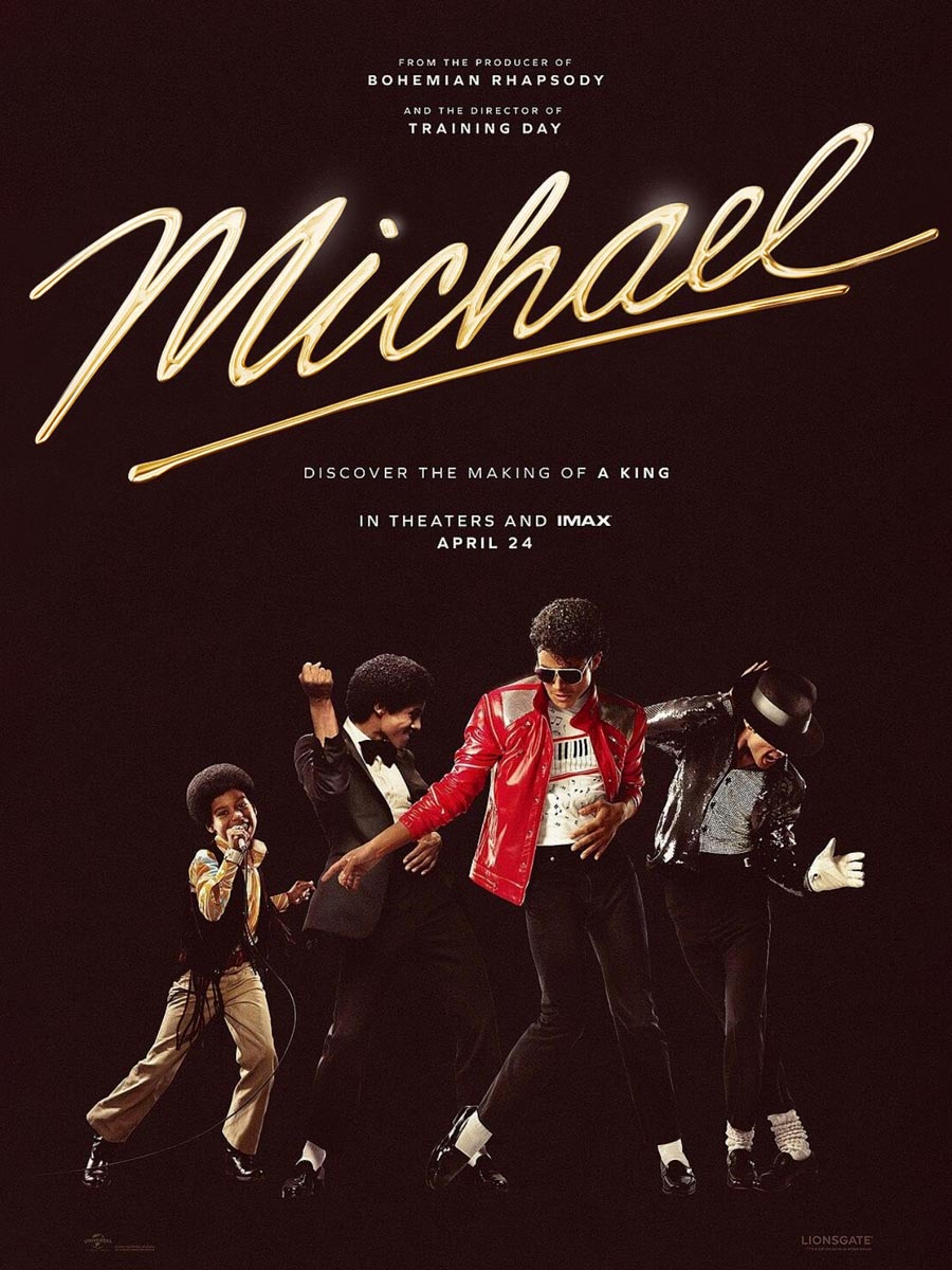 Poster of Michael (2026) biopic showing Michael Jackson’s iconic stages through the years, starring Jaafar Jackson and directed by Antoine Fuqua.