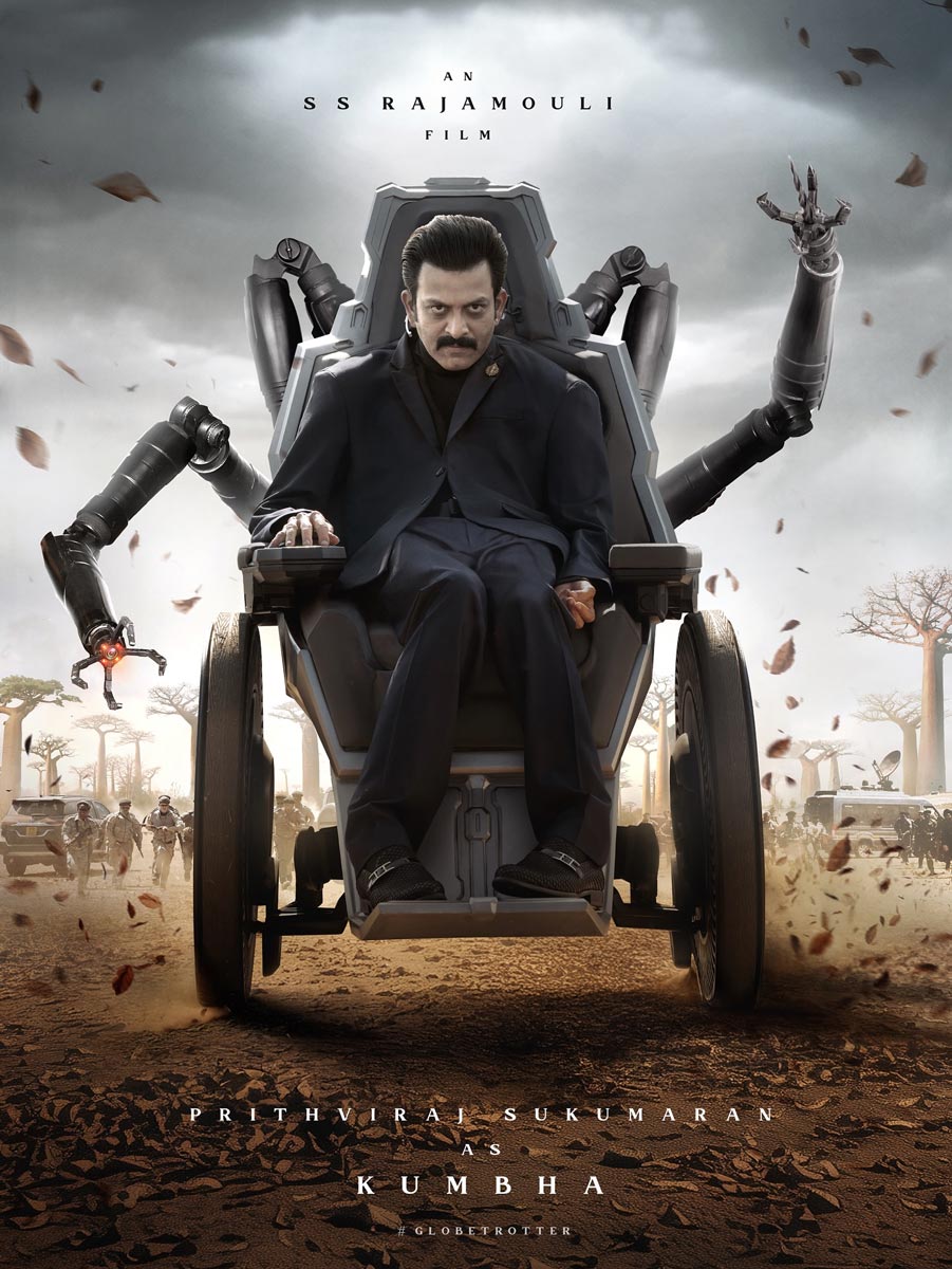 Poster of Prithviraj Sukumaran as Kumbha, sitting in a futuristic mechanical chair with robotic arms in SS Rajamouli’s film Varanasi.