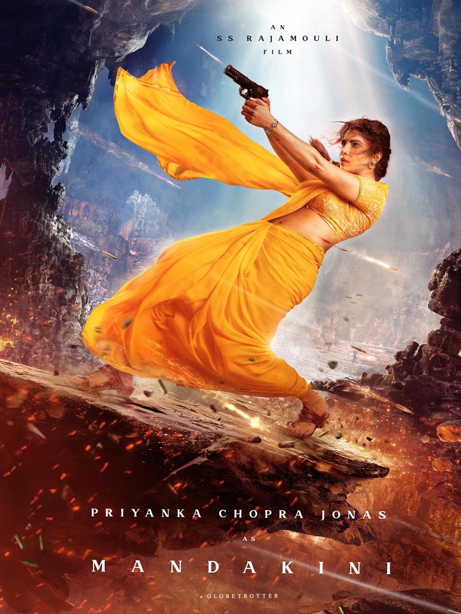 Priyanka Chopra as Mandakini in SS Rajamouli’s GlobeTrotter, wearing explorer gear in a fierce action pose.