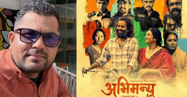 Two-panel collage with the image of the producer on the left wearing sunglasses and an orange jacket, and the official Abhimanyu: Chapter 1 poster on the right showcasing multiple lead characters in a textured, colorful design.