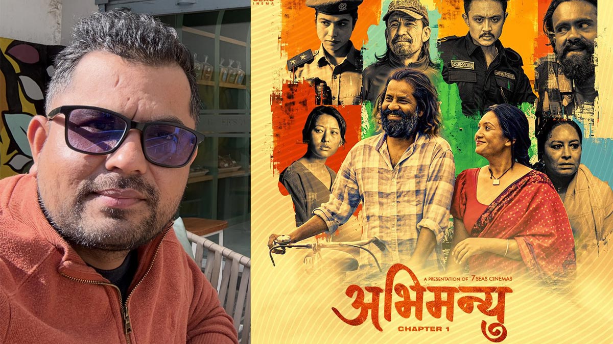 Two-panel collage with the image of the producer on the left wearing sunglasses and an orange jacket, and the official Abhimanyu: Chapter 1 poster on the right showcasing multiple lead characters in a textured, colorful design.