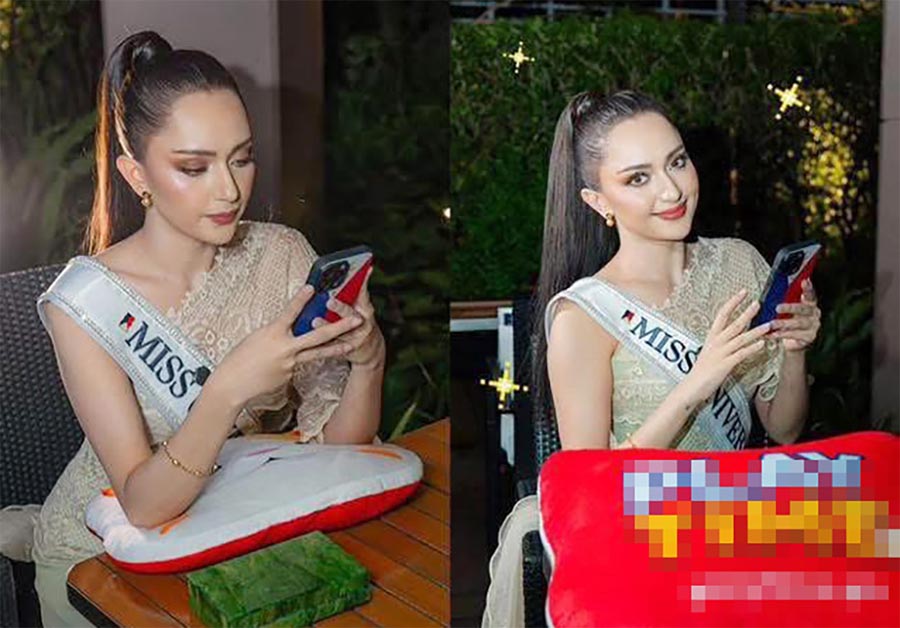 A photo shows Miss Philippines holding a pillow featuring a sponsor’s logo, which has drawn attention for its alleged link to a Philippine based online gambling site.