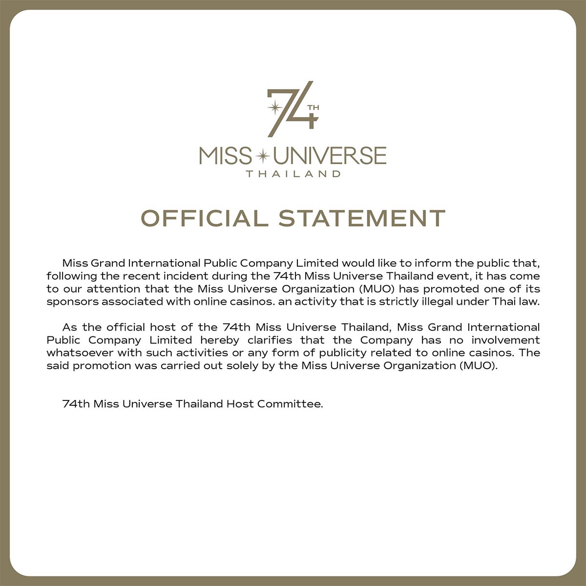 Miss Grand International Public Company Limited issues an official statement regarding recent matters.