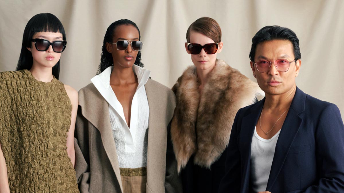 Prabal Gurung with models wearing ZEELOOL x Prabal Gurung eyewear collection, including Sophia, Cher, Debbie, Grace, and Marilyn frames.