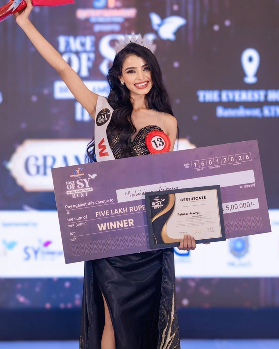 Malaishaa Acharya crowned the Title Winner of Face of SY &ndash; Brand Ambassador Hunt 2025, received a cash prize of NPR 500,000 along with a one-year brand contract valued at NPR 10 million. 