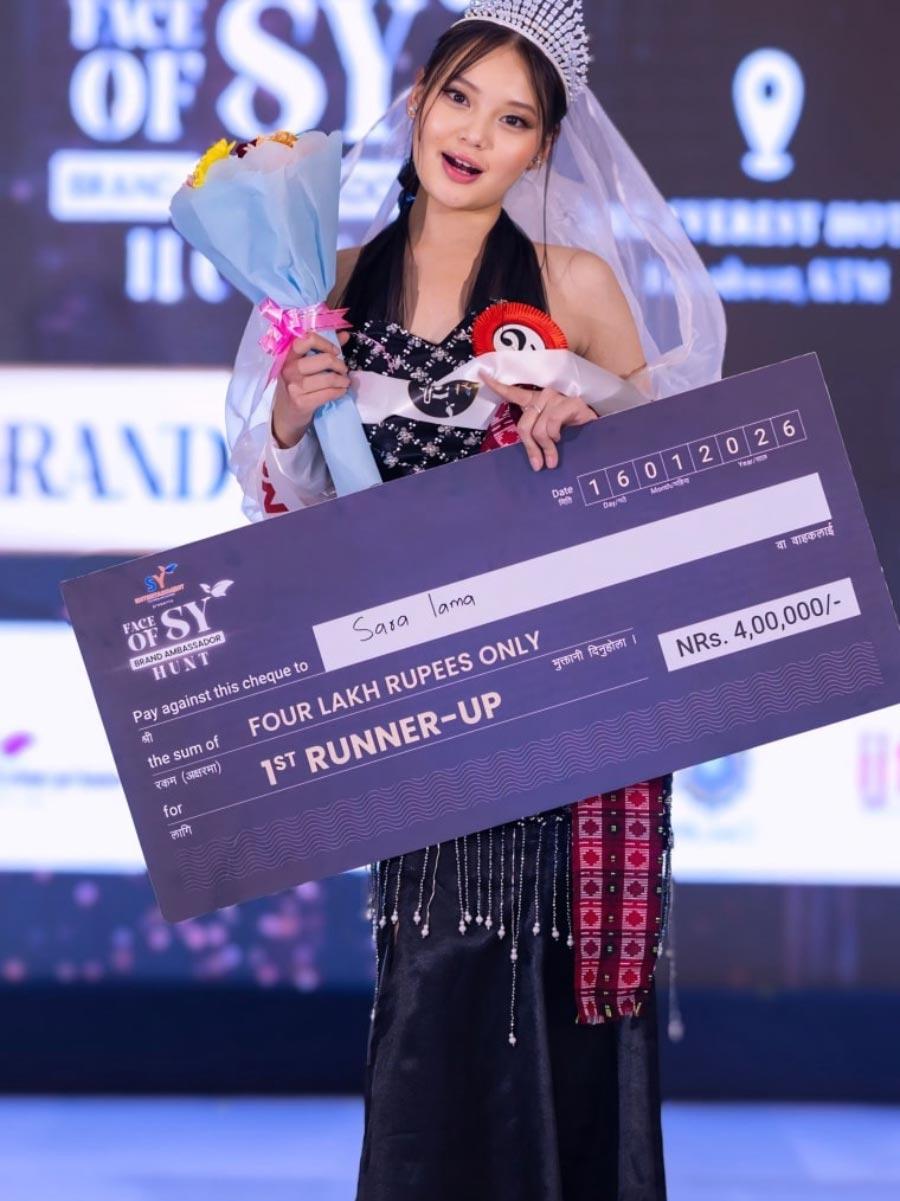 Sara Lama secured the First Runner-up position at Face of SY &ndash; Brand Ambassador Hunt 2025, awarded NPR 400,000 in cash and a brand contract worth NPR 5 million.