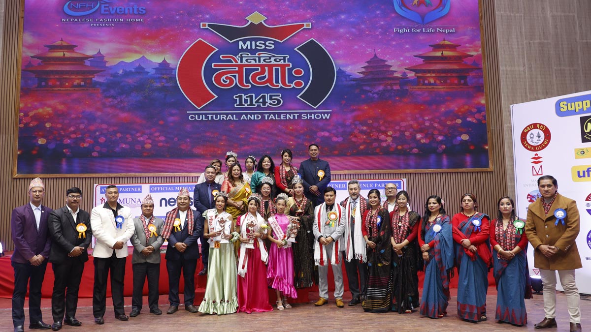 Miss Little Newa 1145 winners group photo with judges, guests and organizers at The Blue Pavilion Kathmandu