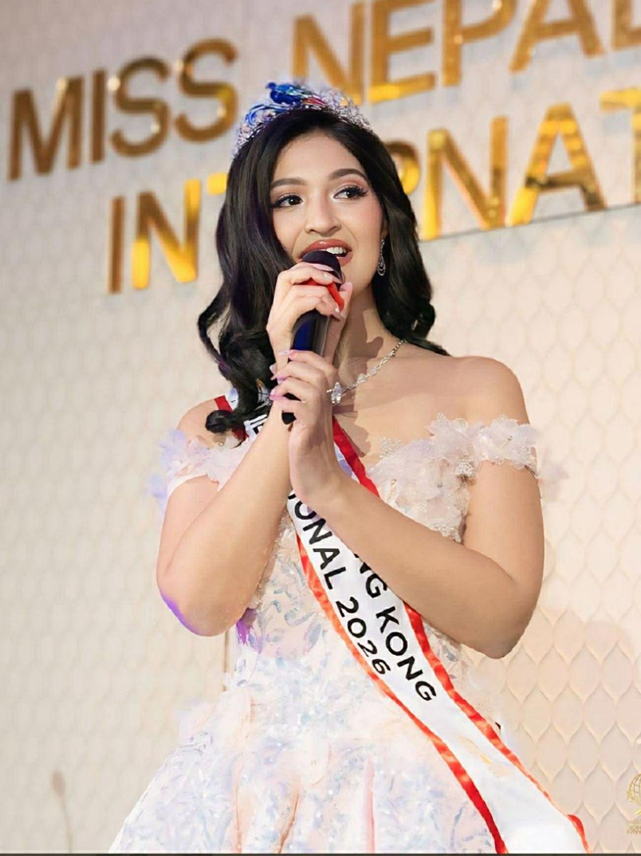Deepmala Kharel Dhakal speaking on stage after winning Miss Nepal Hong Kong International 2026