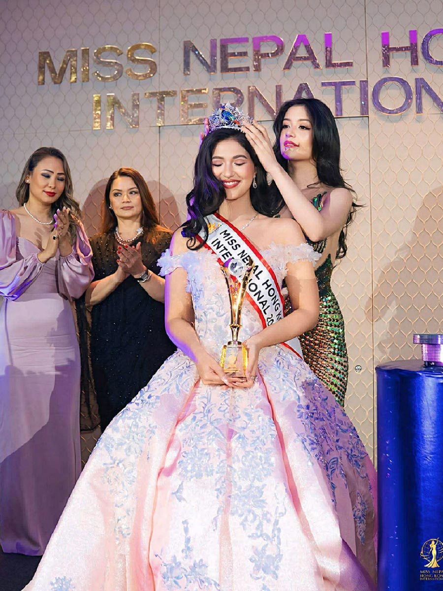 Ashma Kumari KC crowning Deepmala Kharel Dhakal Miss Nepal Hong Kong International 2026 in Hong Kong