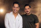 Anoop Bikram Shahi posing with Salman Khan during the dubbing phase of the Bollywood film Matrubhumi in Mumbai, standing side by side in a cinematic studio setting.