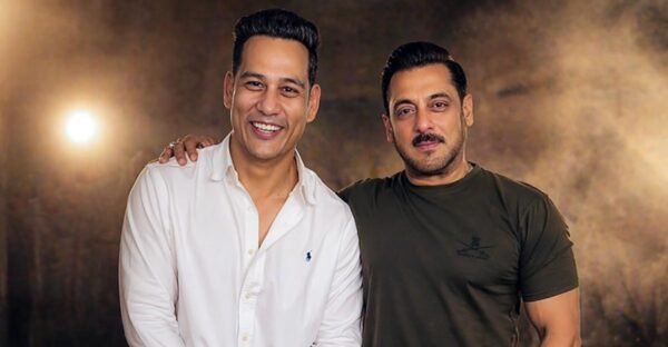Anoop Bikram Shahi posing with Salman Khan during the dubbing phase of the Bollywood film Matrubhumi in Mumbai, standing side by side in a cinematic studio setting.