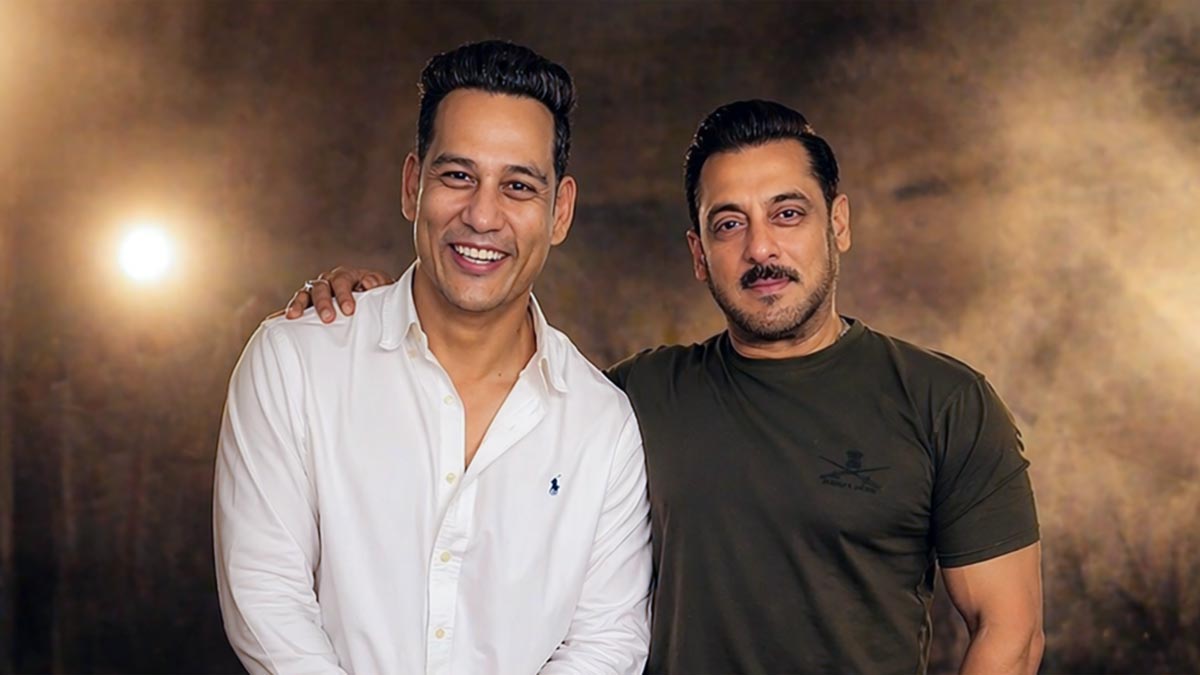 Anoop Bikram Shahi posing with Salman Khan during the dubbing phase of the Bollywood film Matrubhumi in Mumbai, standing side by side in a cinematic studio setting.