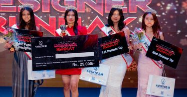 Group photo of National Designers Runway 2026 winners including Aakriti Shrestha, first runner up and second runner up holding awards.