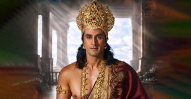 Ranbir Kapoor dressed as Lord Rama wearing a golden crown, seen in a grand cinematic scene from the Ramayana teaser with dramatic lighting and visual effects.