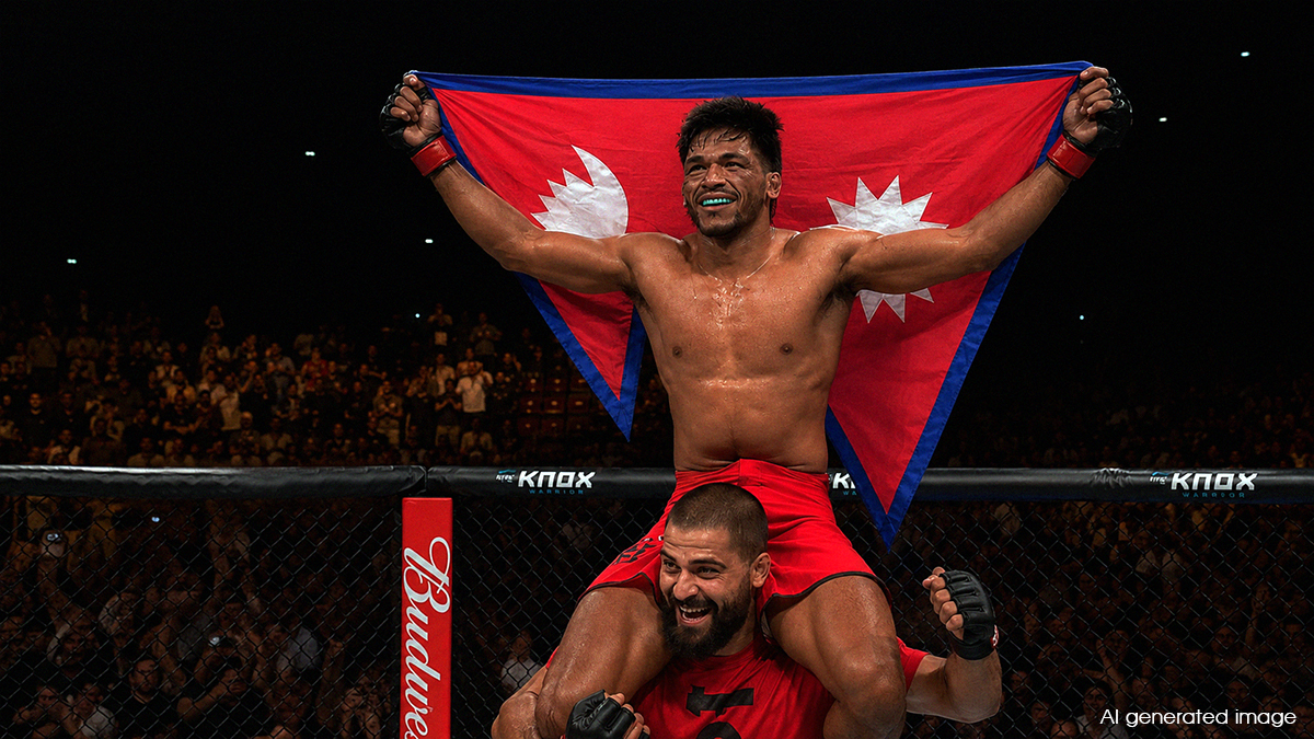 Rabindra Dhant celebrates with Nepal flag after Road to UFC victory.