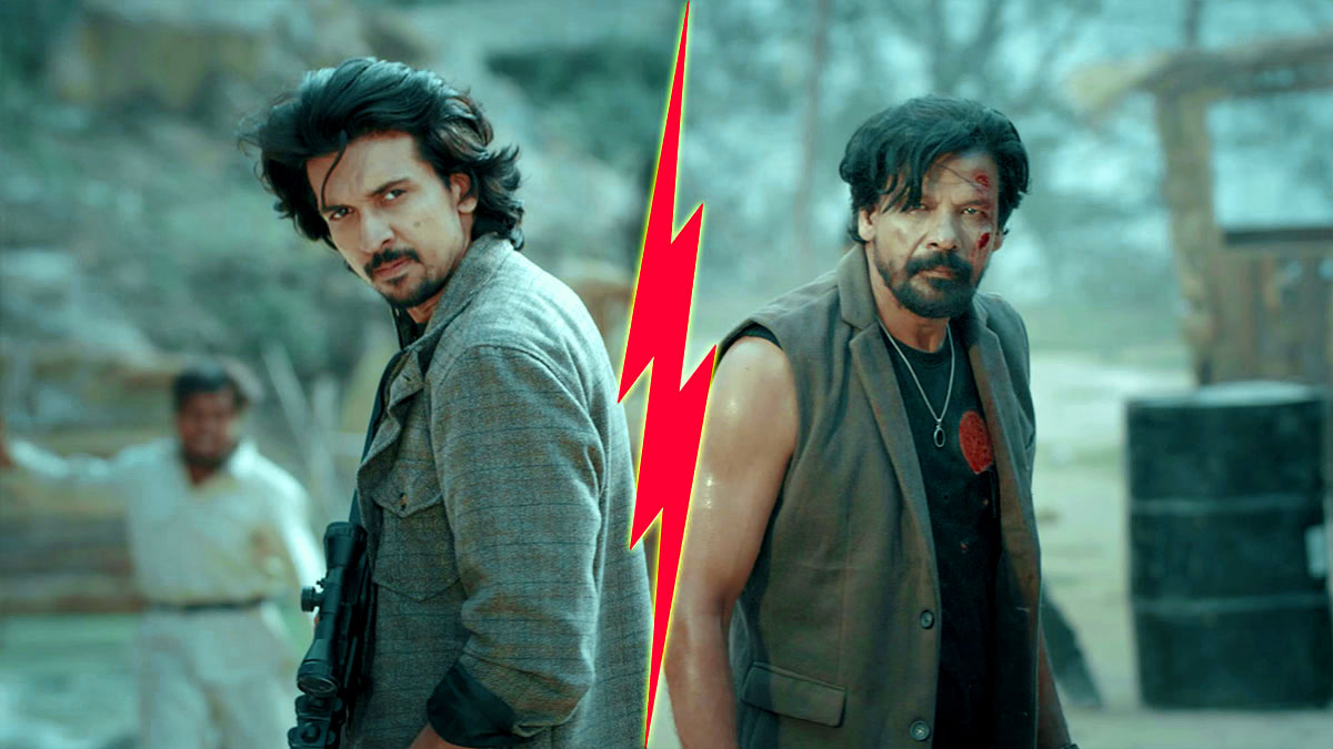 Biraj Bhatt and Samir Bhatt face each other in the Nepali action film 12 Gaun 2.