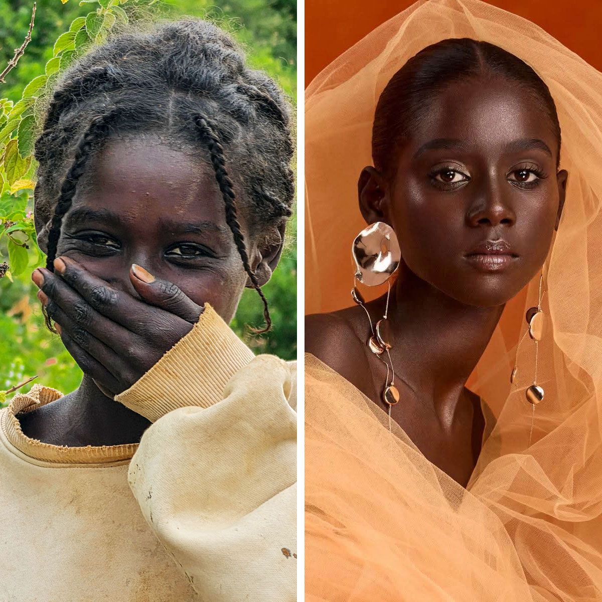 Side-by-side portraits showing a girl smiling outdoors in a yellow top and a fashion-styled girl in peach tulle with statement earrings.