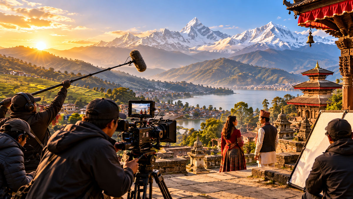 AI-generated illustration of a Nepali film crew shooting a scene with professional cinema equipment against a Himalayan landscape, traditional architecture and a scenic lake.