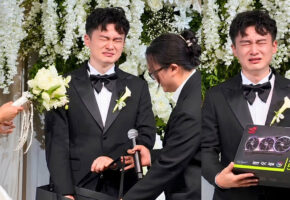 Two-panel image of a tearful groom beside his bride and holding an ASUS ROG Astral RTX 5090 graphics card box.