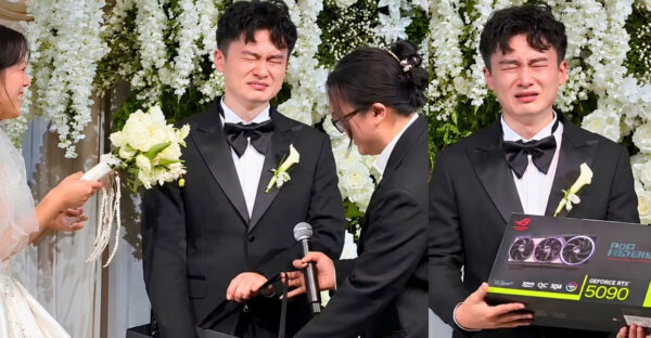 Two-panel image of a tearful groom beside his bride and holding an ASUS ROG Astral RTX 5090 graphics card box.