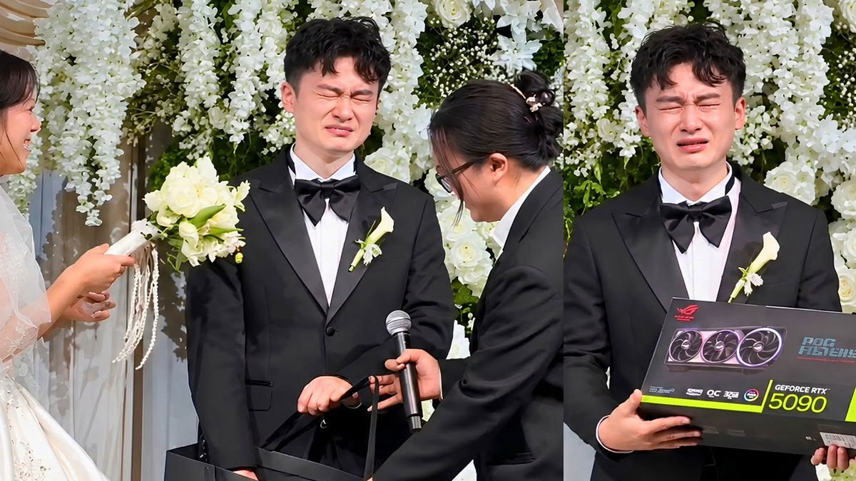 Two-panel image of a tearful groom beside his bride and holding an ASUS ROG Astral RTX 5090 graphics card box.