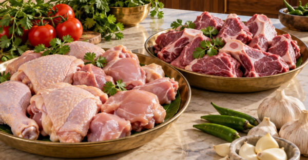 Raw chicken and mutton in separate trays with tomatoes, herbs and garlic in a kitchen