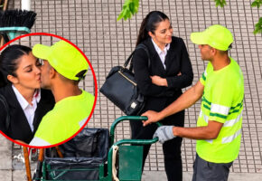 Viral photograph accompanying a touching story about a woman kissing a man described as her garbage collector husband.