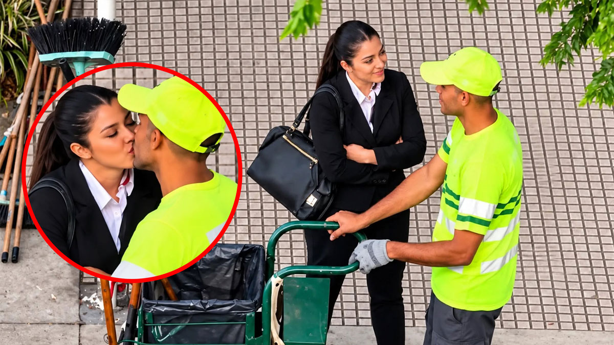 Viral photograph accompanying a touching story about a woman kissing a man described as her garbage collector husband.
