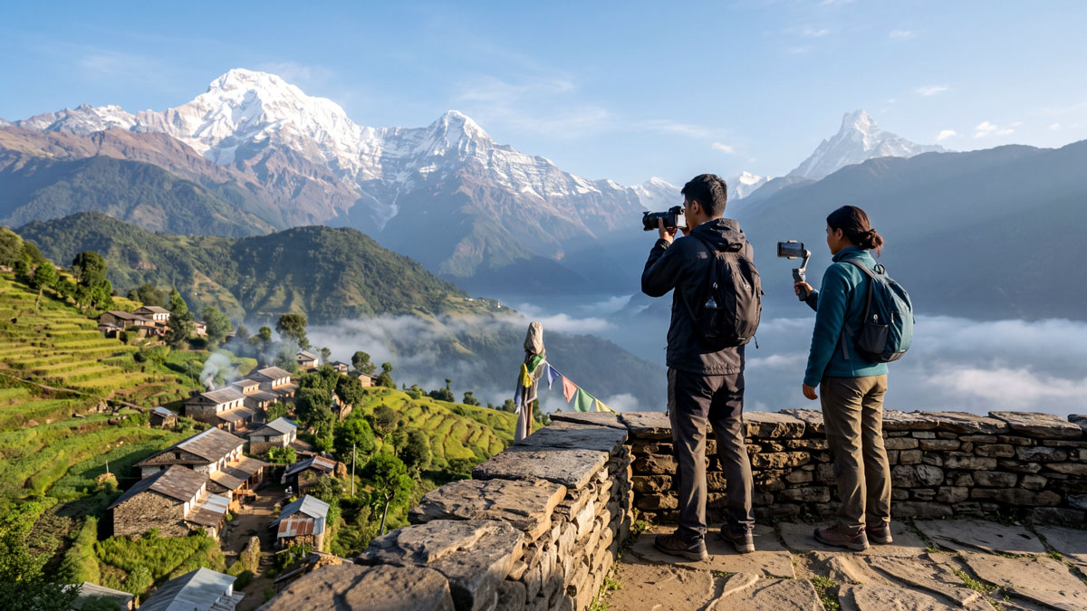 AI-generated image of two travel creators photographing and filming terraced hills, a Nepali village and snowy Himalayan peaks from a stone viewpoint.