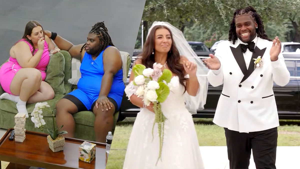 Sara Mosby and Tre Fontana on their wedding day after completing MrBeast’s weight-loss challenge.