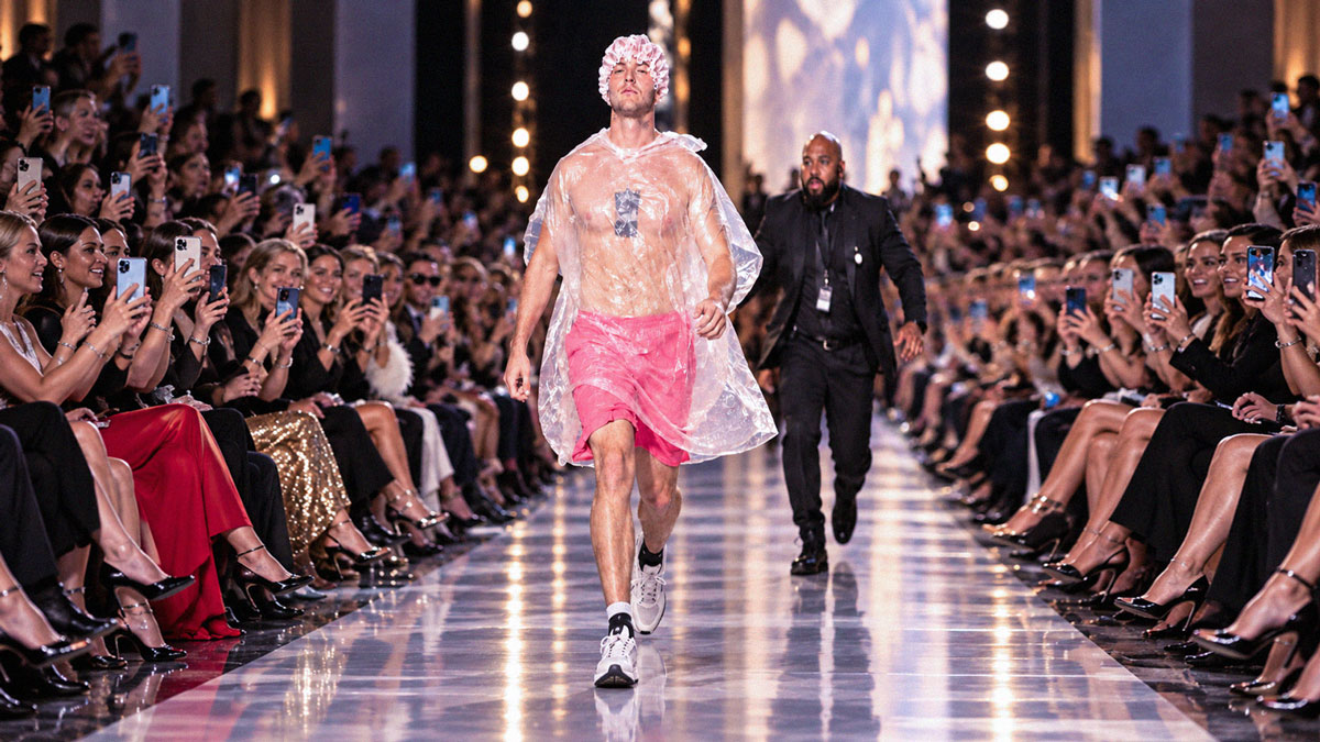 Fred Beyer walks down a New York fashion runway wearing a clear plastic covering, pink shorts and a shower cap, with a security guard approaching behind him.